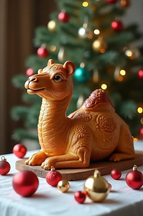  Create a baked camel on a table , background Christmas ornaments  