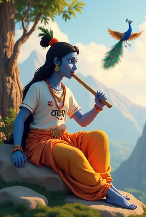 3D image of 20 year old Indian Girl who is sitting next to krishna ji and Krishna ji playing the flute, they both sit together on the mountain, Girl wearing T-shirt Name tanu” written on it, make sure text shout be misspelled, heaven like beautiful view ba...