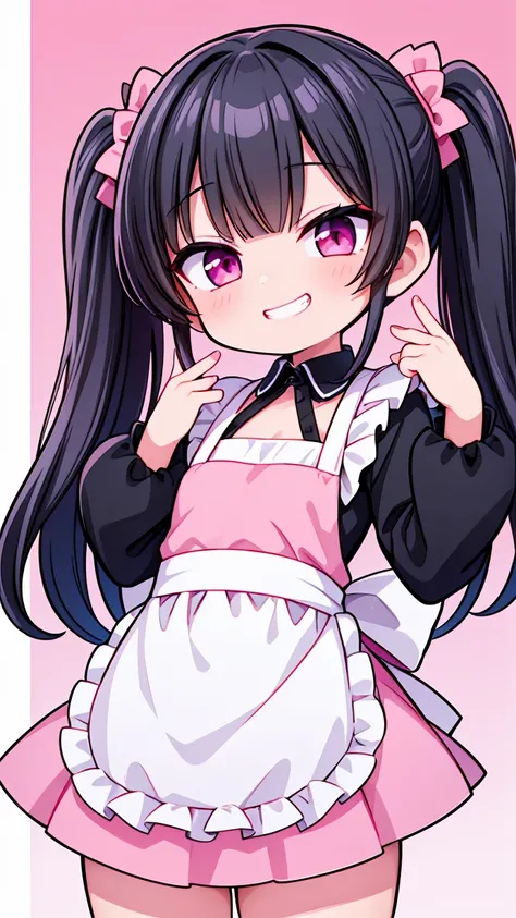 (8K, Highest image quality, highest quality, masterpiece), detailed face, ((one loli)), black hair, short twintails, pink eyes, evil smile, ((grin)), small breasts, naked apron, cowboy shot, put your hand on your mouth, kitchen background