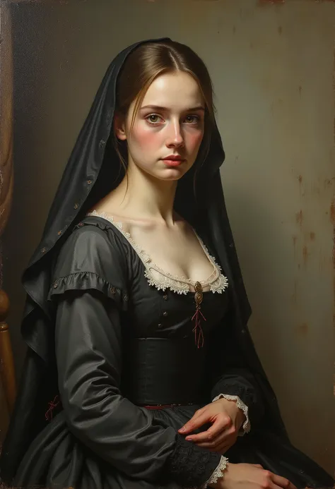 Russian Human Realism young woman painting of late Imperial Russia, oil painting, disappearing wealthy class, pathetic figure, best picture quality.