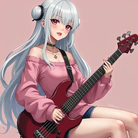 Sakura Boobs, off shoulder sweater, long hair, (white skin), beautiful off legs, dark pastel knight pink, look like Yun Yun, she relaxing guitar bass, photorealistic, high resolution, 1women, mature female, solo, hips up, jewelry, tattoo, street wear, t-sh...