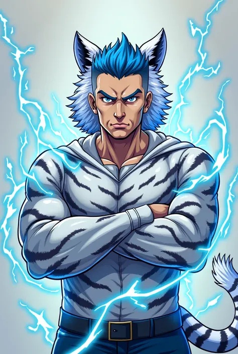 man,middle aged,electrical forces,white tiger ears,white tiger tail,anime stylization ,blue hair ,military closewear