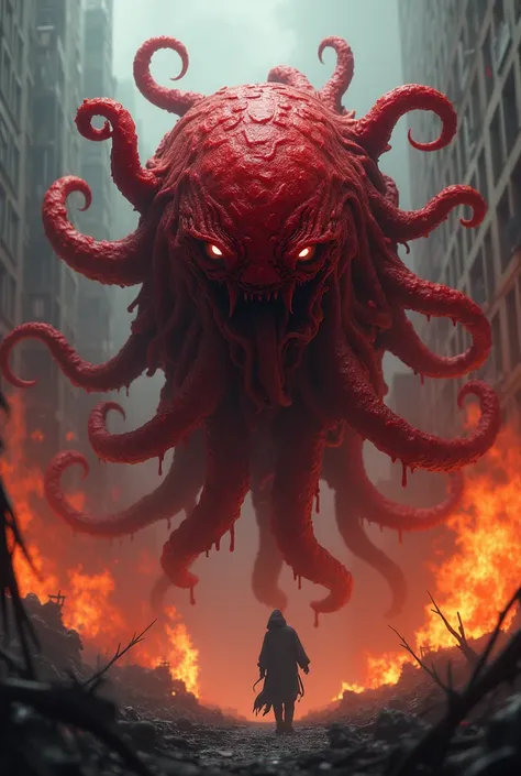 Creepy faceless monster that is a red meat ball with tentacles that come out all over his body in the middle of a burning city with a red background,  realistic style