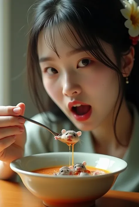 beautiful chinese girl is mukbang some live mice in a soup bowl