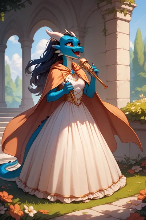 black female kobold, female black dragon, cute, wearing a dress, clean dress, lute, no wings, cloak, playing lute, singing, standing next to a very tall long haired buff drow 