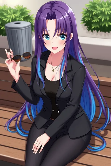 an image of a woman sitting on a wooden bench. She has long purple hair with blue gradient tips. She is wearing a black outfit that looks like a blazer or jacket and is accessorized with a small pendant necklace. In her hand, she holds a pair of sunglasses...