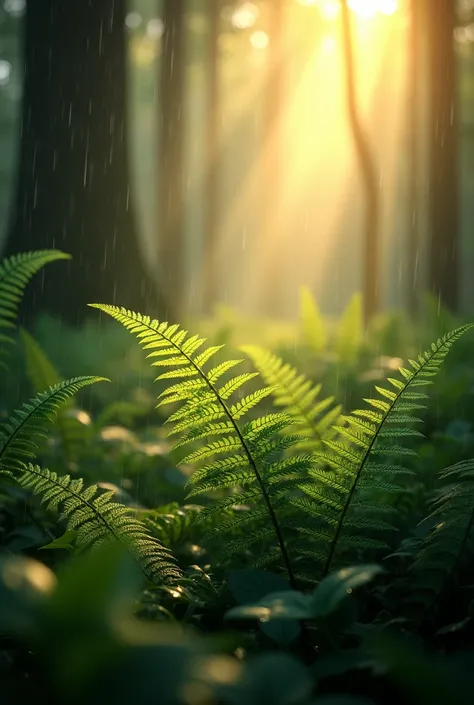 Forest raindrops, Fern, rays of the sun