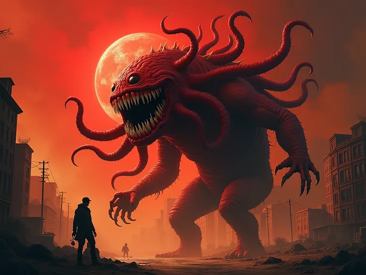 Creepy monster with only a mouth full of teeth and no eyes or nose that is a red meat ball with tentacles that come out all over his body in the middle of a burning city with a red background,  realistic style