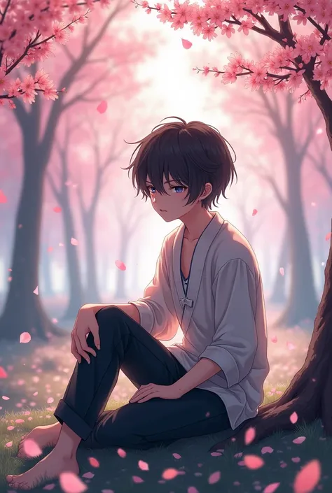 A beautiful and handsome boy sitting under a beautiful cherry blossom garden anime boy.with sad feeling