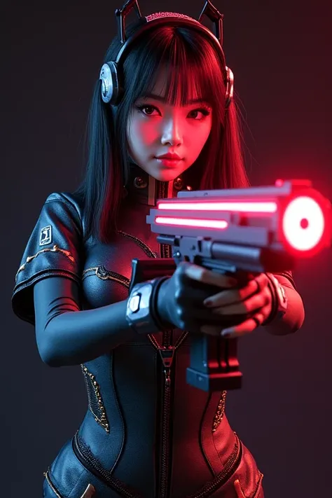 3d， North Korean Beauty Wearing Black Silk White Edge Goat Mecha ，Handheld Neon Technology High Level Laser Gun ， Laser Gun Gun Precision Fine Machine Instrument， High Resolution ,  Red-Faced, Smile,  line embodying sport ,  line embodying sport , 