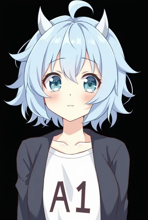 The image depicts a stylized anime character with light blue, short, and slightly messy hair. The character has large, expressive, light-colored eyes with a hint of red around the edges, giving a soft yet striking appearance. Two small horns protrude from ...