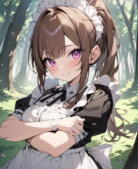 masterpiece, best quality, ultra detailed, a girl, elf, smiling, arms crossed, looking at viewer, ponytail, brown hair, pink eyes, maid, forest, in the morning, cute, kawaii, anime