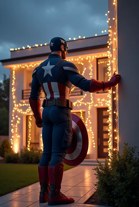 Captain America decorating a modern luxury house by Christmas lights 