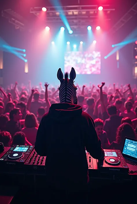 Create a picture of an dj playing zebra wearing a hoodie in front of 100 dancing people in a berlin night club  full of weed