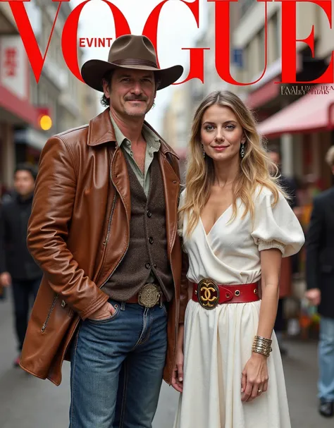 Magazine front cover " Vogue " written in middle Red decoration letters at the upon the screen,   1man and 1 woman, both standing Front pose,   Front view, cowboy shot, (1 man is Quentin Jerome Tarantino,  61-age. cowboy hat, smile,  Western style, brown l...