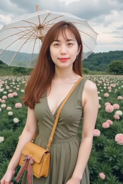 (beautiful woman in nature, (best quality:1.2), photorealistic, soft natural lighting, UHD, dreamy atmosphere)
A serene portrait of a young woman standing in a lush flower field filled with pink and white blossoms. She wears an elegant, olive green dress w...