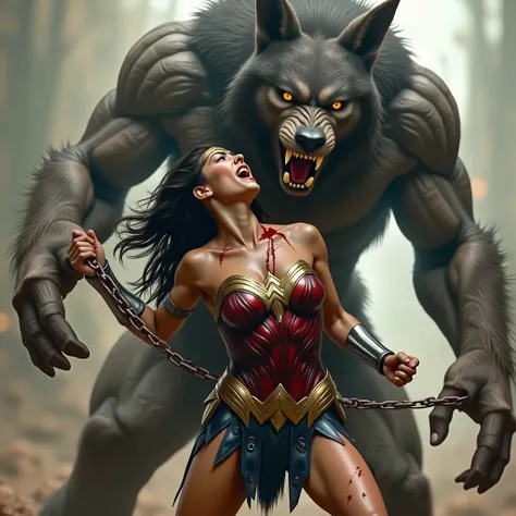 Gal Gadot is Wonder woman, fighting with the Steppenwolf, a very beautiful Korean face, very bright white skin, brown hair, leather fabric short skirt, dirty body, her arms are bounded by chain behind her back, she is defeated, the Steppenwolf severely ass...