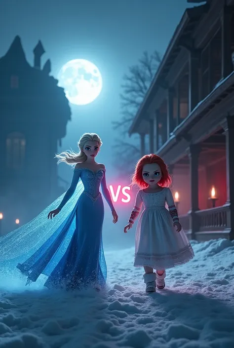 A chilling and cinematic showdown between two iconic characters walking confidently toward the camera in a dark, eerie environment.

On the left, Elsa, the Snow Queen, strides gracefully across a frozen, moonlit tundra. Her ice-blue gown shimmers with fros...