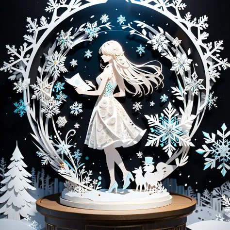 （hologram:1.5)，Beautiful long hair woman、Silhouette of a person from behind， Snowflakes，Snow Scene、「JTT」A sign that reads、White background，Paper Art，quilling Paper Art， zentangle, geometry， 3d rendering ，   cinematic lighting effects engraved on a pedestal...