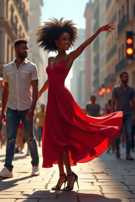 A black beautiful girl wearing red dress dancing on Street while a handsome is starring at her