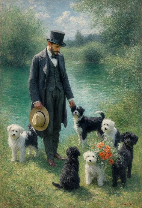  Impressionist oil painting The image represents an outdoor scene with a lake and vegetation.  A man in period clothing interacts with several dogs ,  holding a hat and a bouquet of flowers .  a lake in the background and nature .with rich ,  mixed colors ...