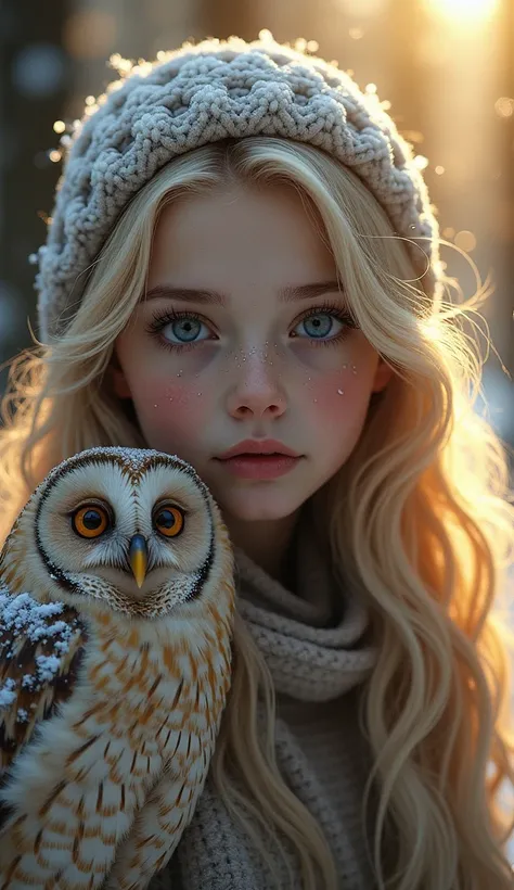  hyperrealism ,  beautiful ,  spectacular ,  by a beautiful girl with blond long hair,  an owl sits next to her, hyper-detailing the face and body , huge eyes,  backlight ,,  Fairytale Forest, soft brown light ,  professional photo , beautiful, 3d,  realis...