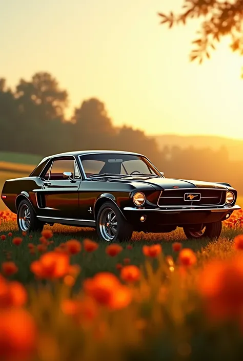 4k image, paisaje, late afternoon, yellow sun, blur in the background. With a black and orange ford mustang 1967, on a flower field