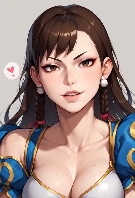 Chun-li,, Pixar style, flowing hair, freckles, bite lips, heart bubbles