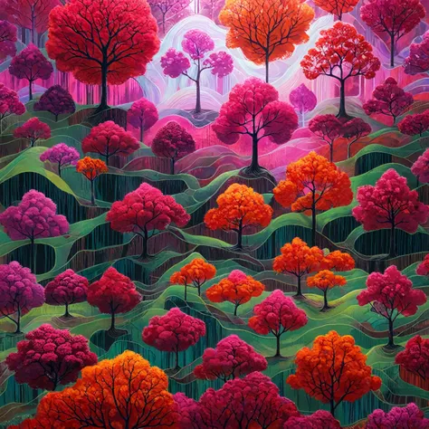 Lots of trees々Close up of the painting I painted,  just a joke , red tree ,  Colourful Otherworldly Trees 々, フラクタルForest of, Amazing depth, Strange fantasy landscape art , キャンディForest of,   Kilian Eng Road Pictures with Vivid Colors  , Magenta tree, Red Fo...