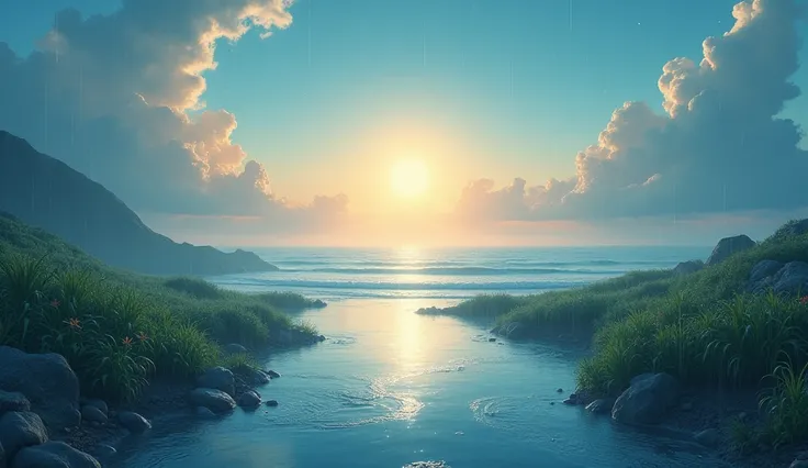 Create me a beautiful image of relaxation for the cover of a YouTube channel where you reflect several elements to me: the sea, the river, the rain, the sun, the air, the day and the night all in one image