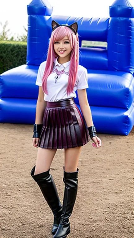  teenager with pink hair, slim model, Leader brush holder,  pleated leather skirt, leather arm warmer ,  knee-high leather boots, Cat ears, bouncy castle , Kneebein