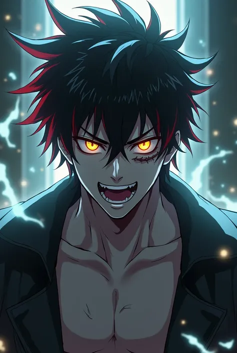  Make a sexy shirtless anime boy with gray skin color,  eyes with yellow irises , black hair with red highlights and sharp teeth ,  ray powers with a scar on her eye 