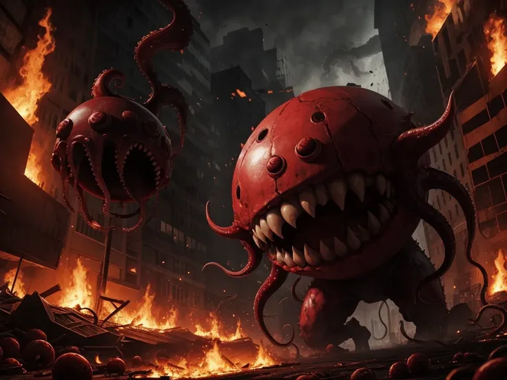 Creepy monster with only a mouth full of teeth and no eyes or nose that is a red meat ball with tentacles that come out all over his body in the middle of a burning city with a red background,  realistic style