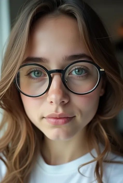 a close up of a woman with glasses and a white shirt, 18 years old, 1 , very very low quality, with glasses, 21 years old, 2 , very low quality, 1 , 19-year-old girl, big round glasses, girl with glasses, she wears harry potter glasses