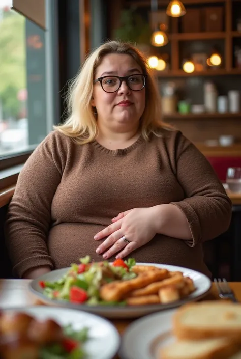  23 year old fat woman with a brown pullover. She has blonde hair. She is sitting in the restaurant and is pretty chubby.  She has big arms and a big belly . There is a lot of food on the table .   She places her right hand on her big stomach. Fat face. Ha...