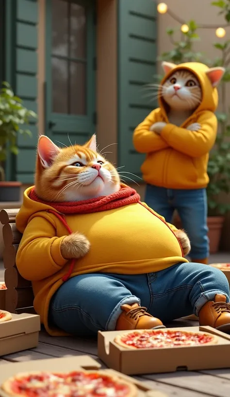 The golden kitten sprawls on a wooden bench in the courtyard, surrounded by pizza boxes. His round belly sticks out prominently, the yellow hoodie barely covering it now. His red scarf is stained with a spot of sauce, dangling crookedly around his neck. Hi...