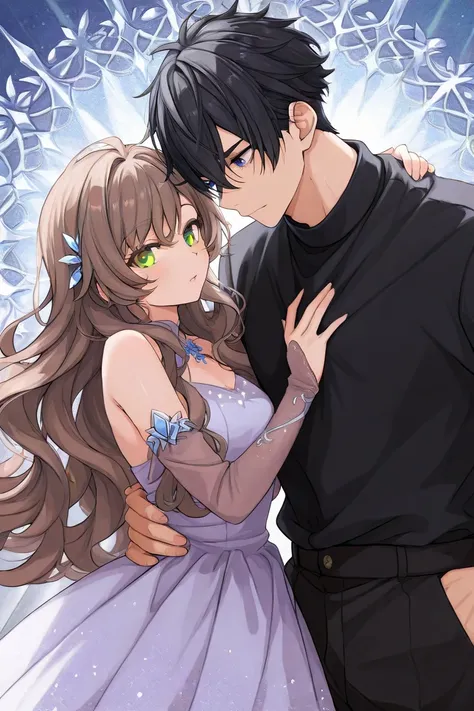 Tall man with Black hair light cold blue eyes tall handsome bad temper wearing black clothes and a girl with brown brown long wavy hair and shiny light brown eyes wearing a blue delicate dress enemies