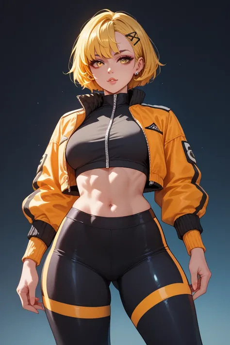 A hot young girl with vibrant yellow hair and striking eyes, wearing a cropped bomber jacket, leggings, front view