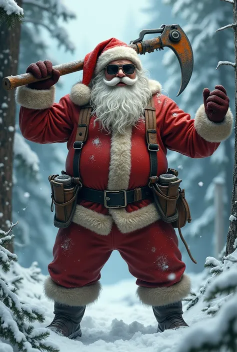 father christmas with builded body with shades holding tree lopper