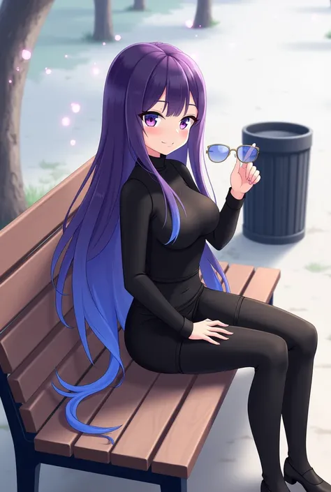 The image features an animated character seated on a wooden bench in a serene outdoor setting. She has striking long hair, blending shades of purple and blue, which cascades elegantly over her shoulders. The character is dressed in a stylish black outfit, ...