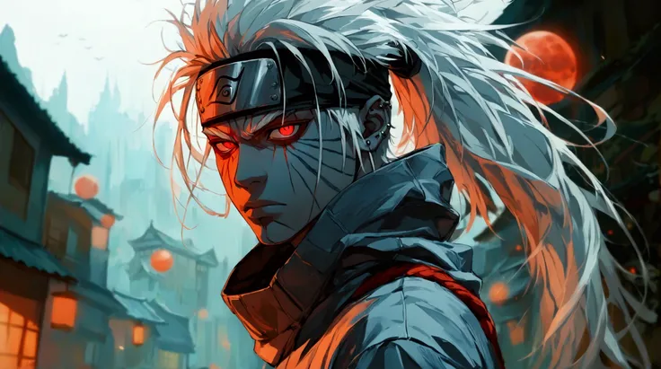 Man, dark skin, long white hair tied in a ponytail, scars on the body, glowing red eyes, piercing and intimidating gaze, cut scars on the body and face, wearing a gray overcoat, village background, "anime shounen style, Masashi Kishimoto, Pierrot animation...