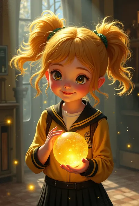 Girl with Ball Hair in Puff Hufflepuff House Shirt