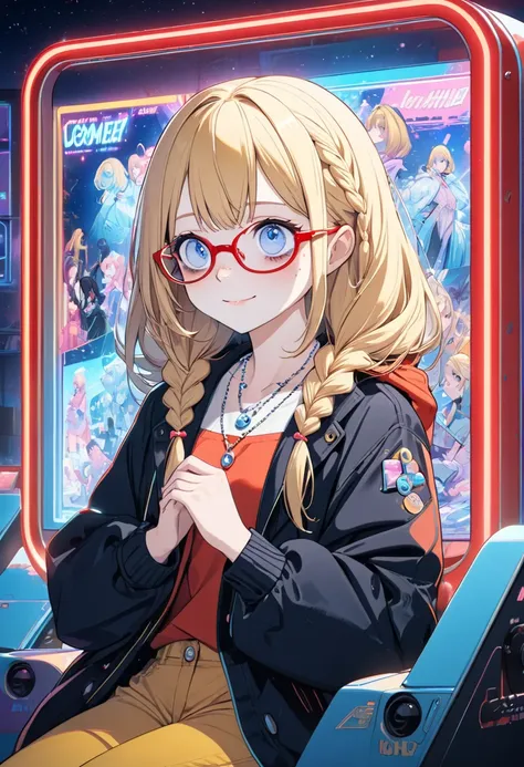 pov, solo, (beautiful and charming body style). BREAK. (introverted girl is age 16), ((Freckles face)), (soft smile), vivid blonde hair, braids and low twintail hair, long hair, ((red frame glasses)), (((bags under eyes))) and blue eyes, (small tits). (in ...