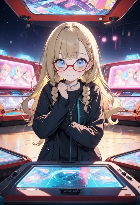 pov, solo, (beautiful and charming body style). BREAK. (introverted girl is age 16), ((Freckles face)), (soft smile), vivid blonde hair, braids and low twintail hair, long hair, ((red frame glasses)), (((bags under eyes))) and blue eyes, (small tits). (in ...