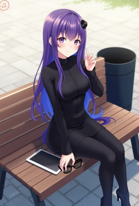 The image features an animated character seated on a wooden bench in a serene outdoor setting. She has striking long hair, blending shades of purple and blue, which cascades elegantly over her shoulders. The character is dressed in a stylish black outfit, ...