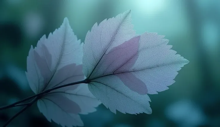 ethereal leaf skeletons, translucent botanical art, macro photography, delicate vein patterns, teal and purple color palette, overlapping transparent leaves, dreamy nature close-up, soft backlight, gossamer textures, organic abstract composition, minimalis...