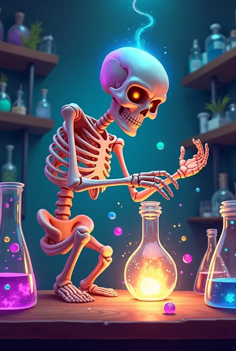  Create me an image of a super animated and colorful skeleton,  like cartoon ,  scientific and performing .a chemical experiment  