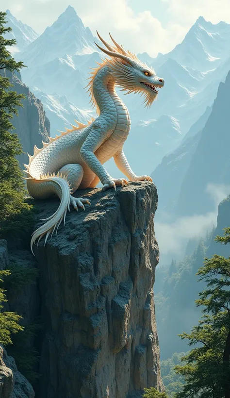 ((masterpiece,  top quality,  highest image quality ,  high-resolution , Realistic,  original photo,  extremely detailed unified CG 8K wallpaper )), The Peak，Trees，A white Chinese dragon on a stone