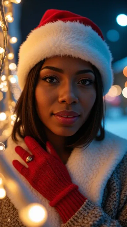 beautiful black woman wearing Christmas clothing surrounded by Christmas lights outside on a snowy night