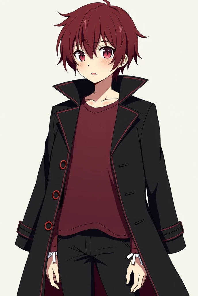 in anime style:  a pale-skinned boy , with dark red hair ,  wearing a dark red long sleeve shirt with white ribbons on her wrists , wearing black pants and above them a black trench coat with octagonal red lines.